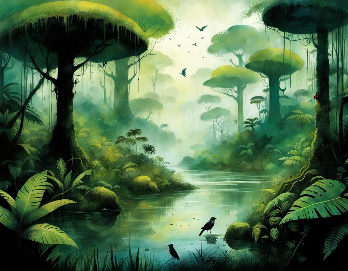 Enchanting Rainforest Scene in Storybook Style