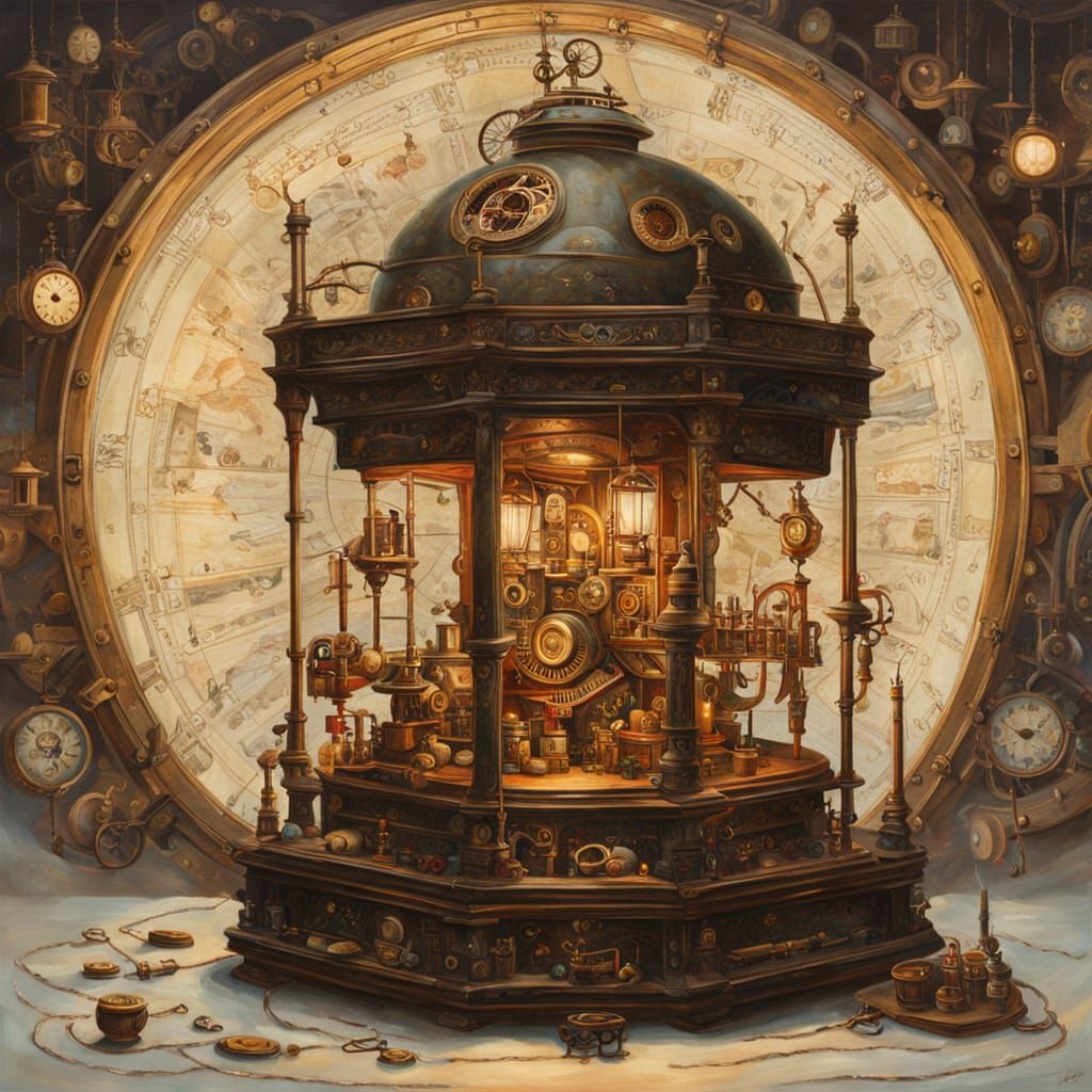 Steampunk Automaton Repairs Celestial Device: Oil Painting