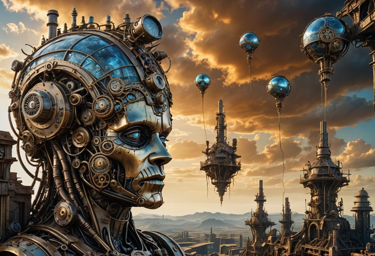 Steampunk Colossus Head in Post-Apocalyptic Landscape