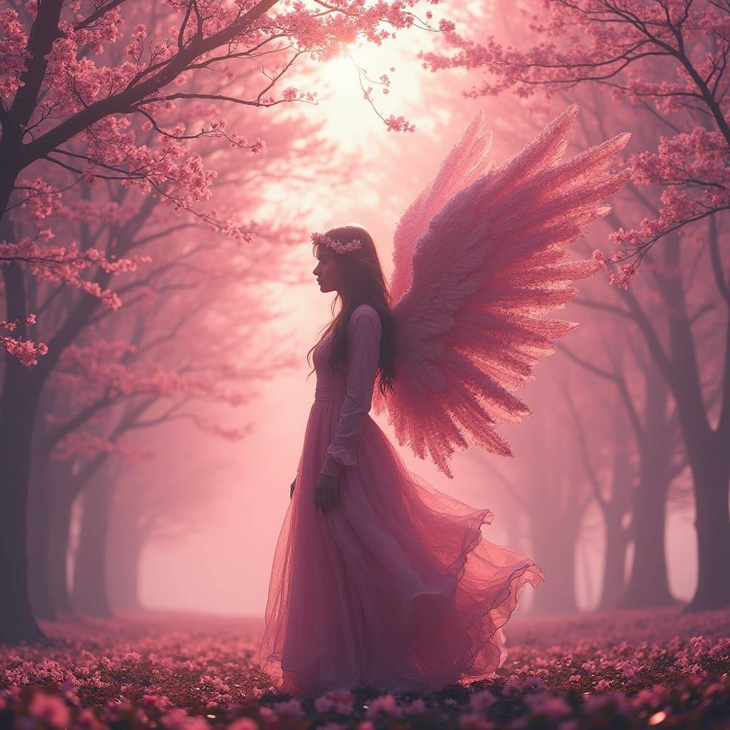 Ethereal Angel Silhouette Amidst Vibrant Sakura Blooms in Ci...