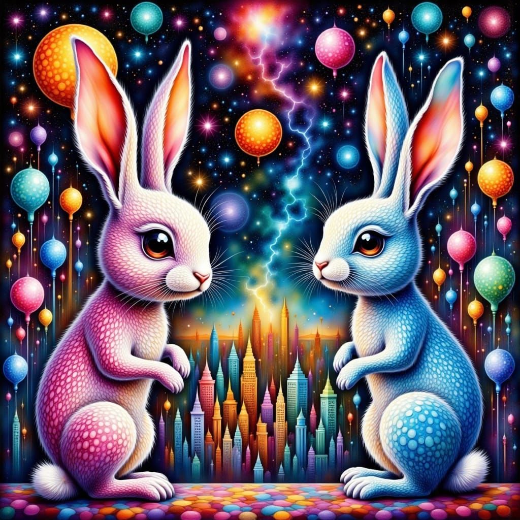Psychedelic Rabbits Build Fractal City in Op Art Style