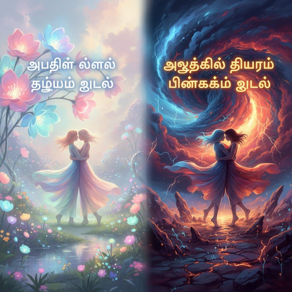 Poetic Split-Scene Artwork: Love and Desire