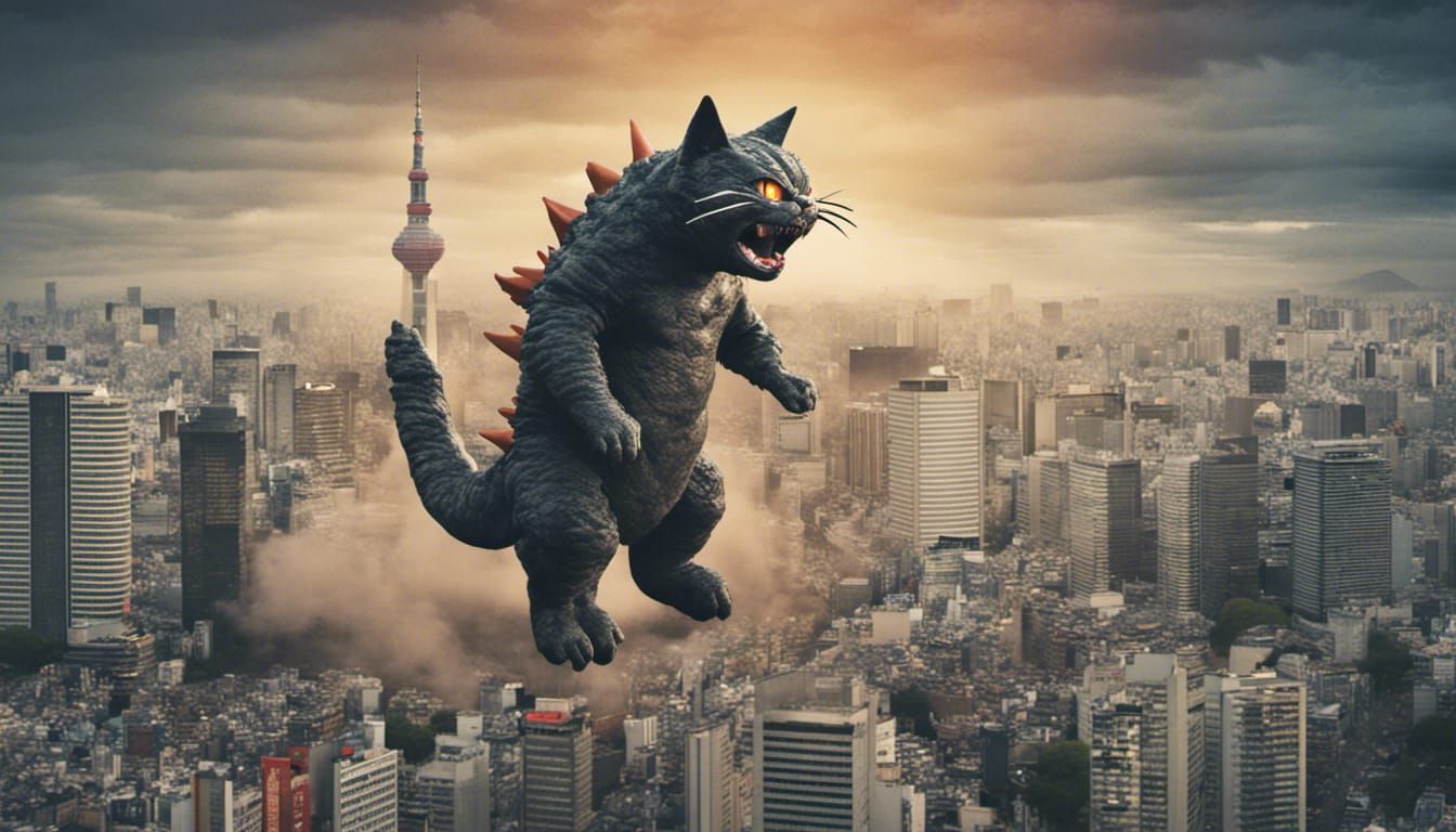 Kaiju Catzilla Attacks Tokyo in Monster Movie Scene