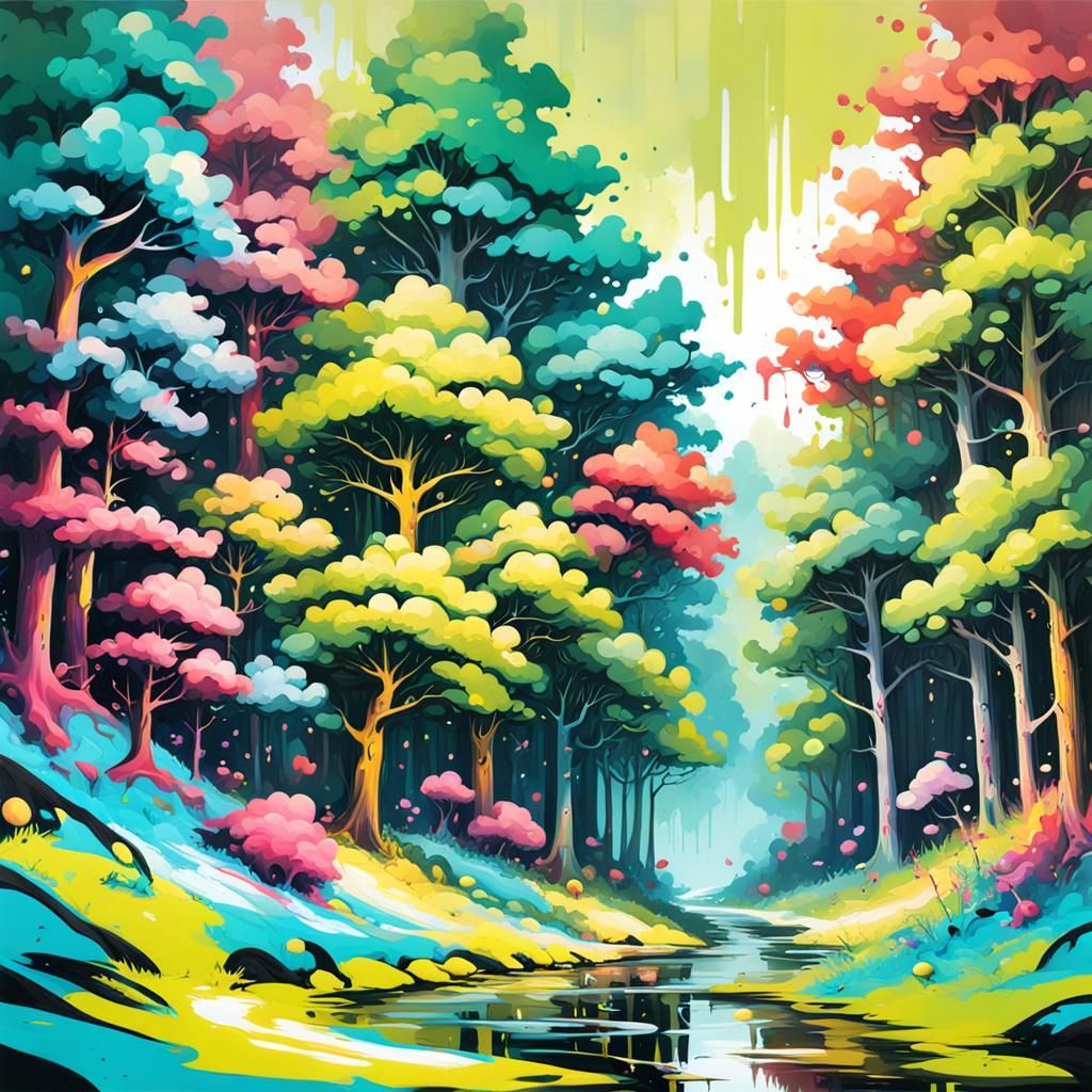 Graffiti Art Spring Forest in Polychromatic Hues