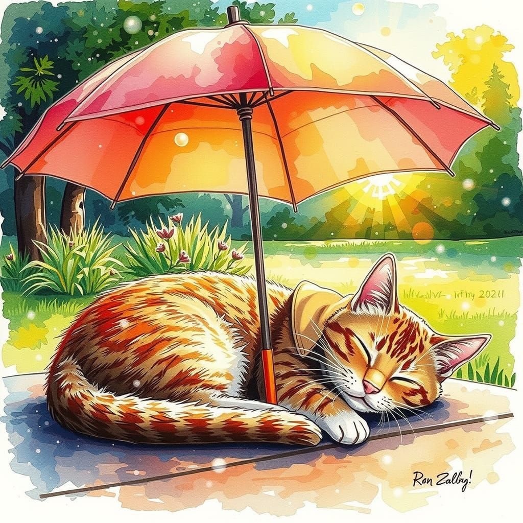 Adorable Cat Under Umbrella: Soft Watercolor Style