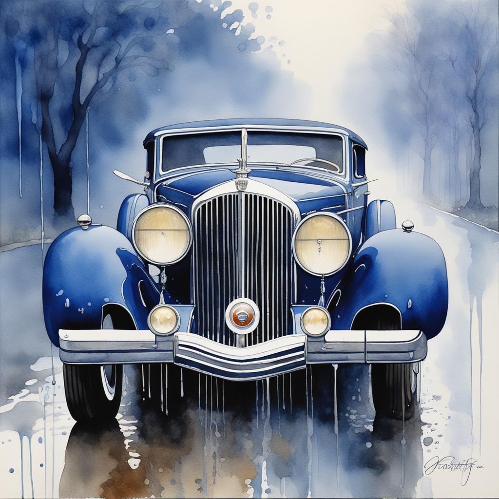 Blue 1939 Duesenberg in Watercolor Splash Art