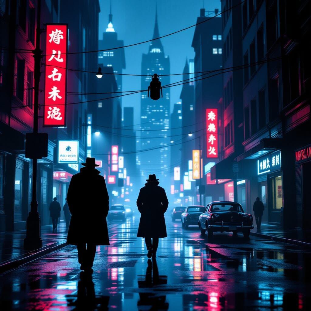 Noir Detective on Rain-Slicked Street with Neon Reflections