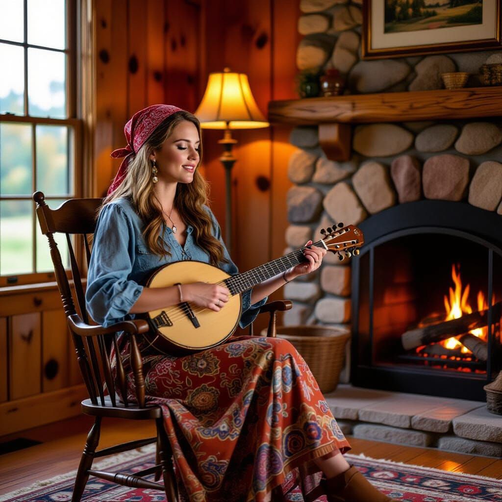 Woman Playing Dulcimer by Fireplace in Rustic Room