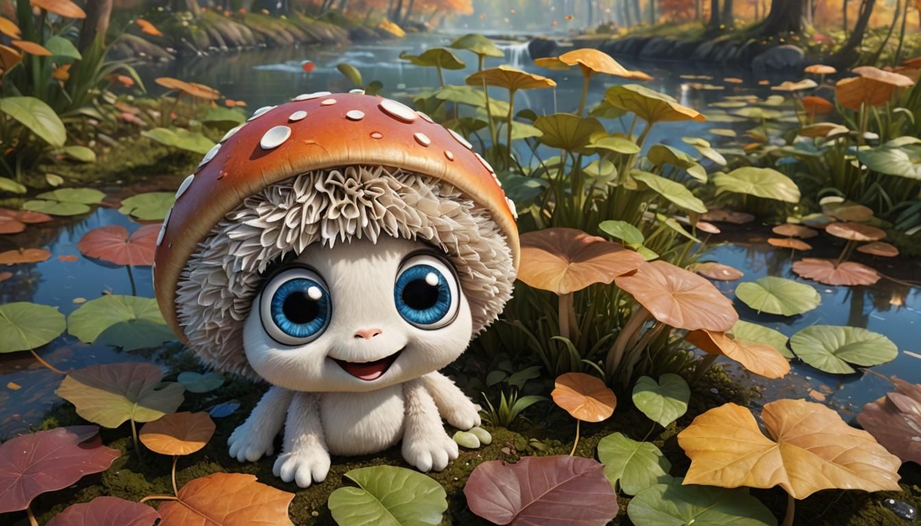 Adorable Fluffy Mushroom Character in Pixar Style