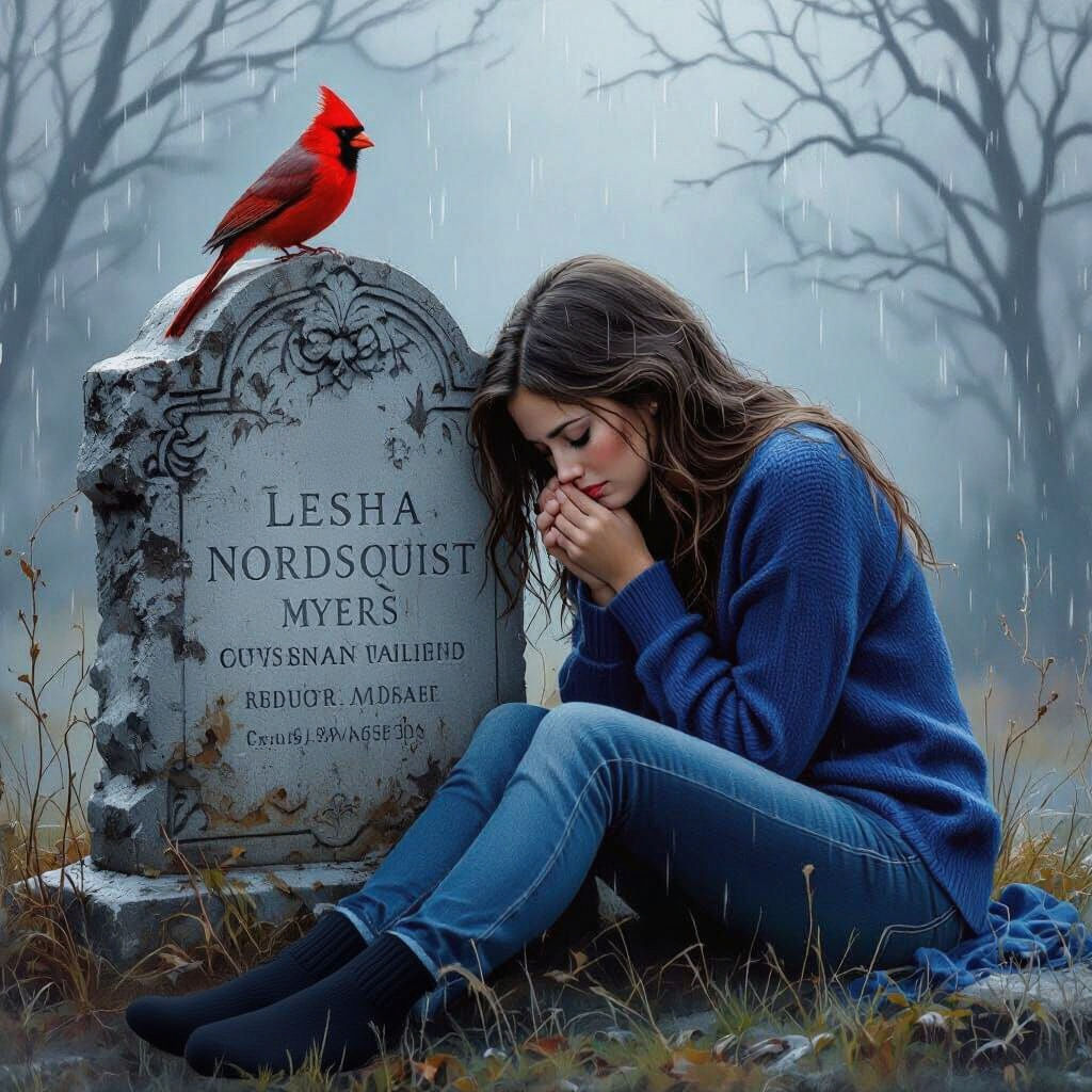 Grieving Daughter Beside Mother's Grave in Rainy Scene