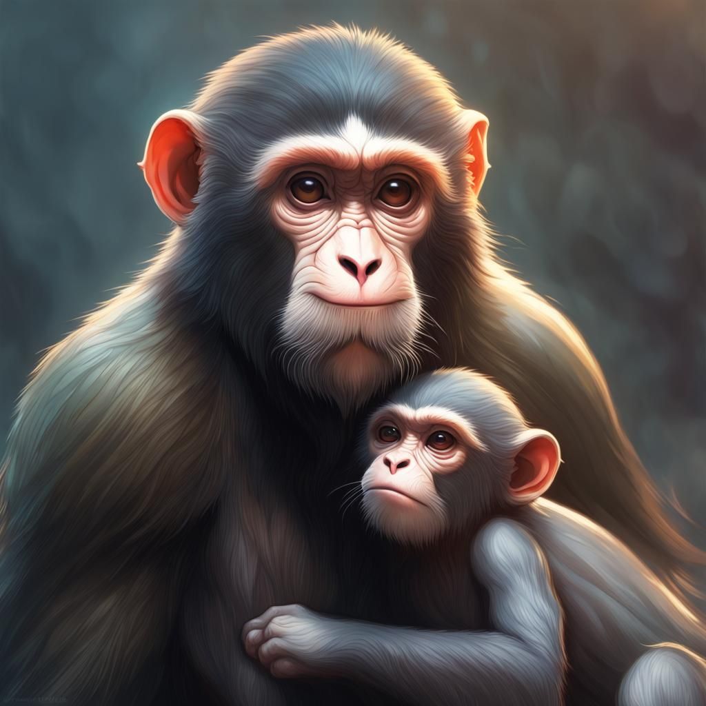 Hybrid Seal Monkey Family Portrait in Art Nouveau Style