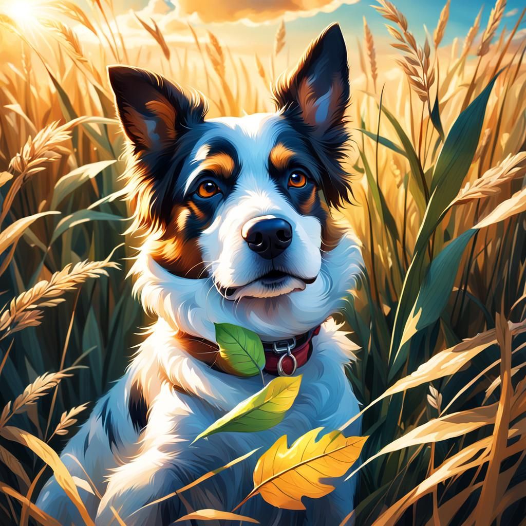 Dog Surrounded by Serenity: Golden Hues and Realistic Textur...