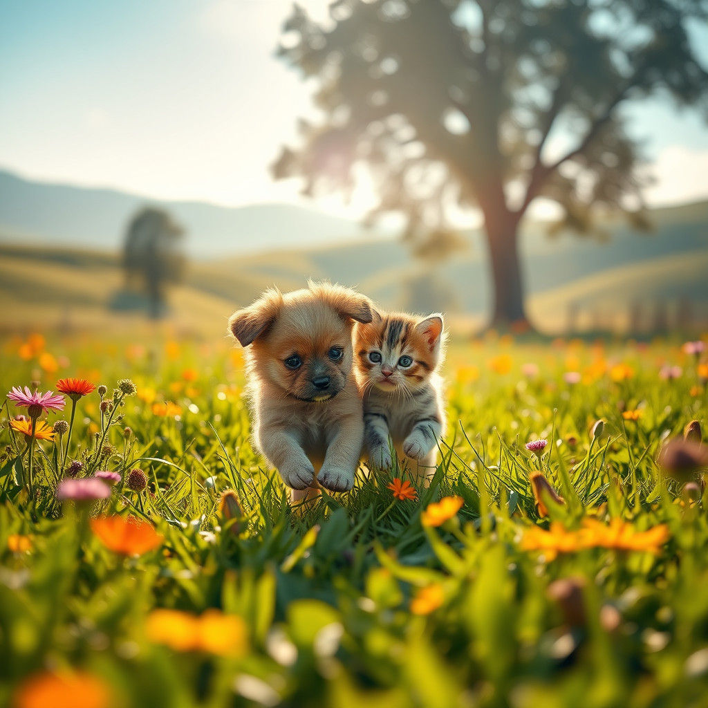Puppy and Kitten Play in Golden Meadow