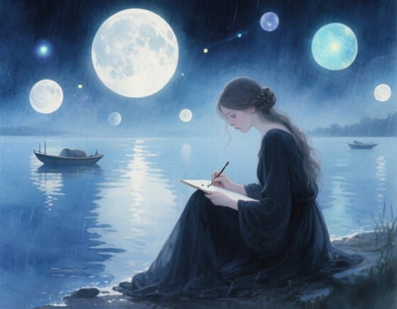 Dreamy Lunar Scene: Woman Writing by the Water