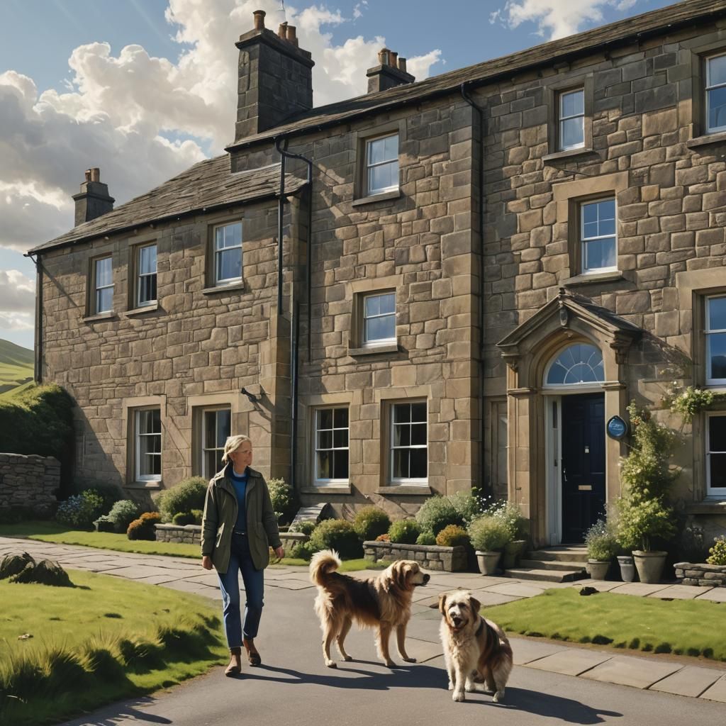 Hyperrealistic Yorkshire Dales House with Woman and Dog