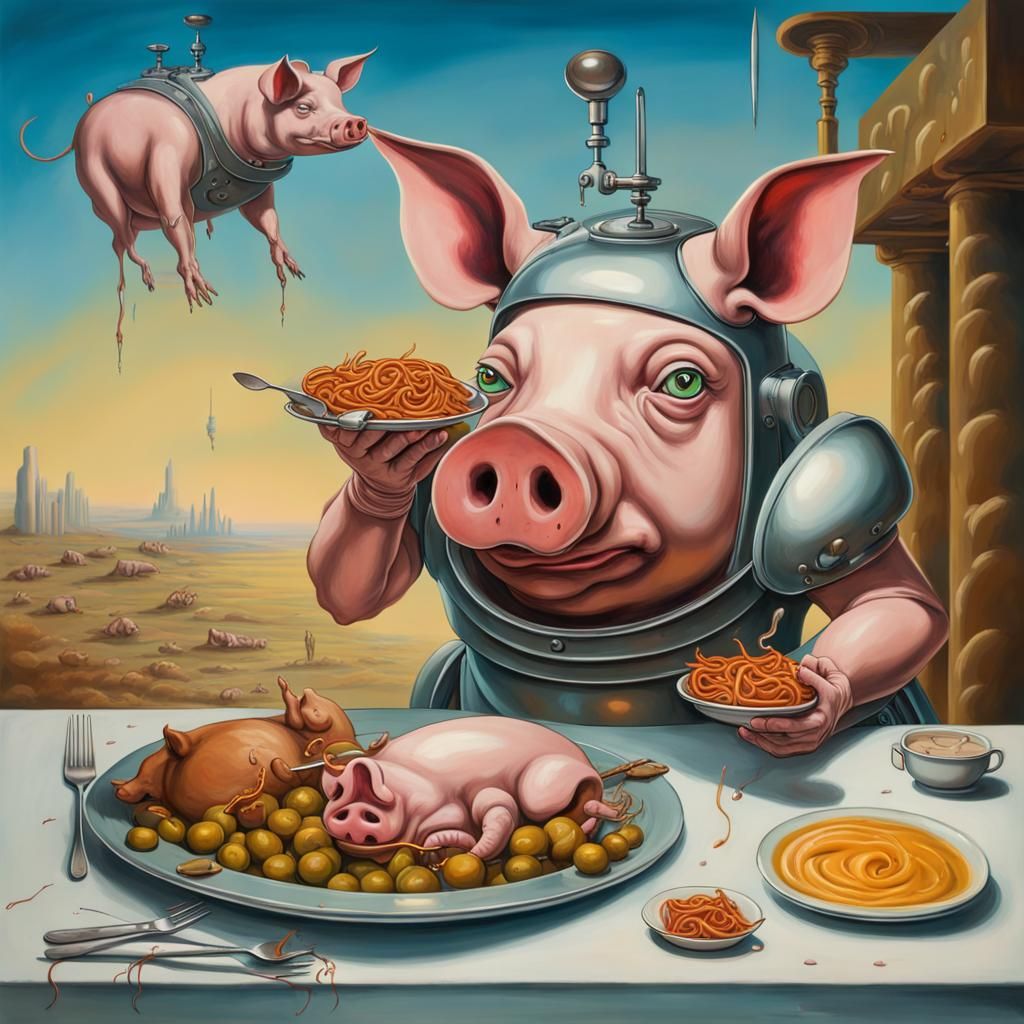 Cyborg Woman Serves Pigs: A Surreal Oil Painting