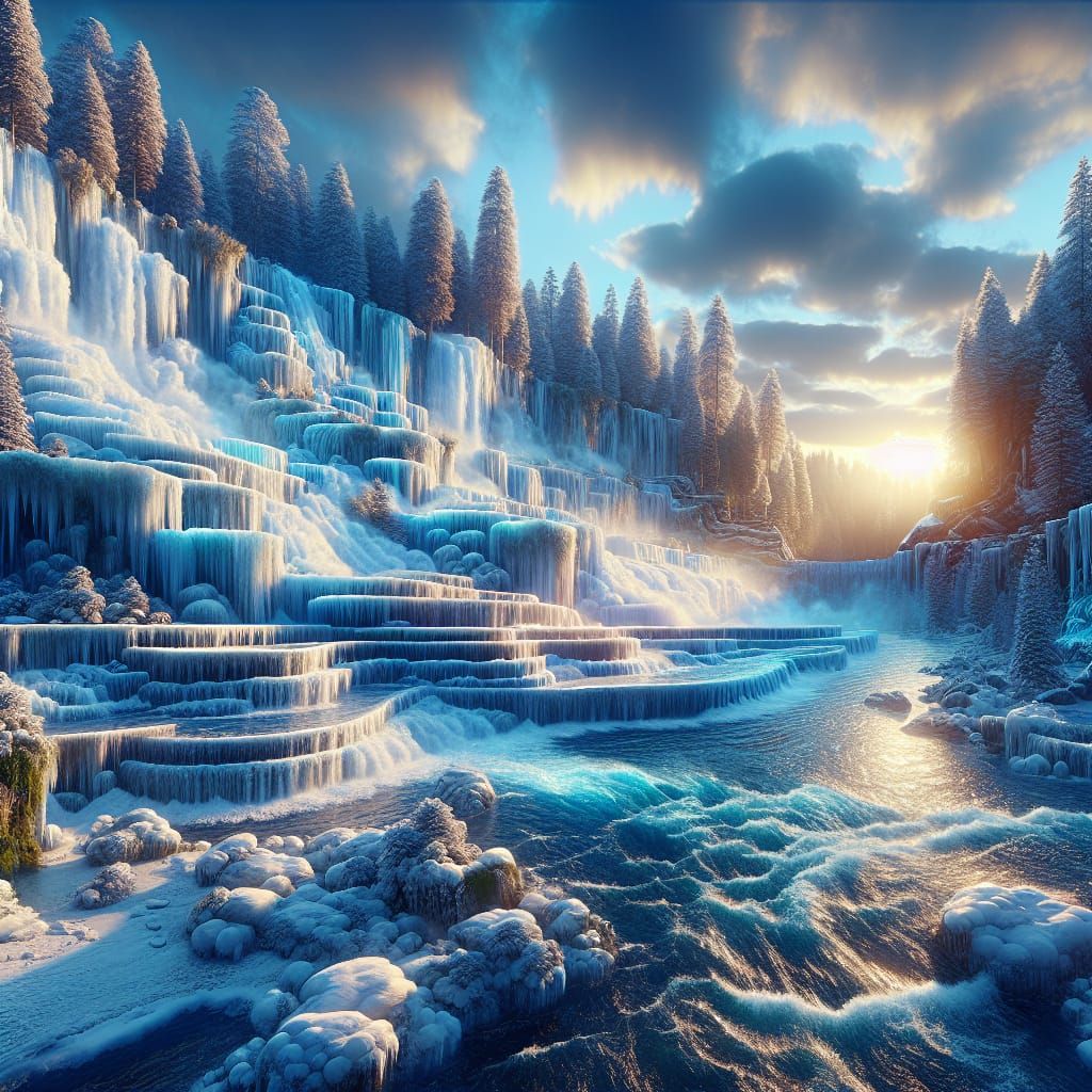 Frozen Waterfall in Winter Woods: Matte Painting
