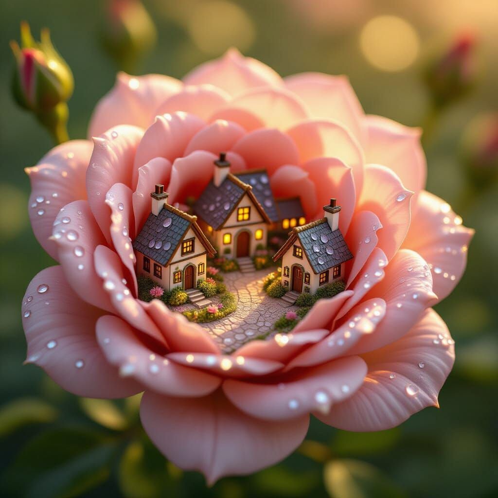 Fairy Village Inside a Rose, Photorealistic Artgerm Style