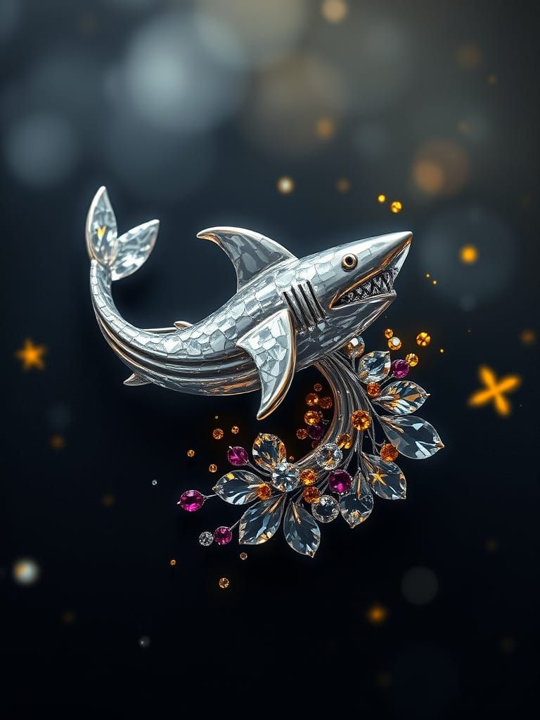 Dynamic Silver Shark Brooch with Crystal and Gemstones