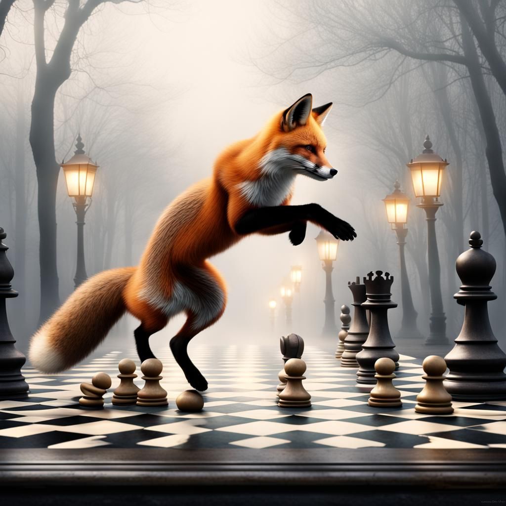 Red Fox Leaping on Chessboard: Photorealistic Digital Art
