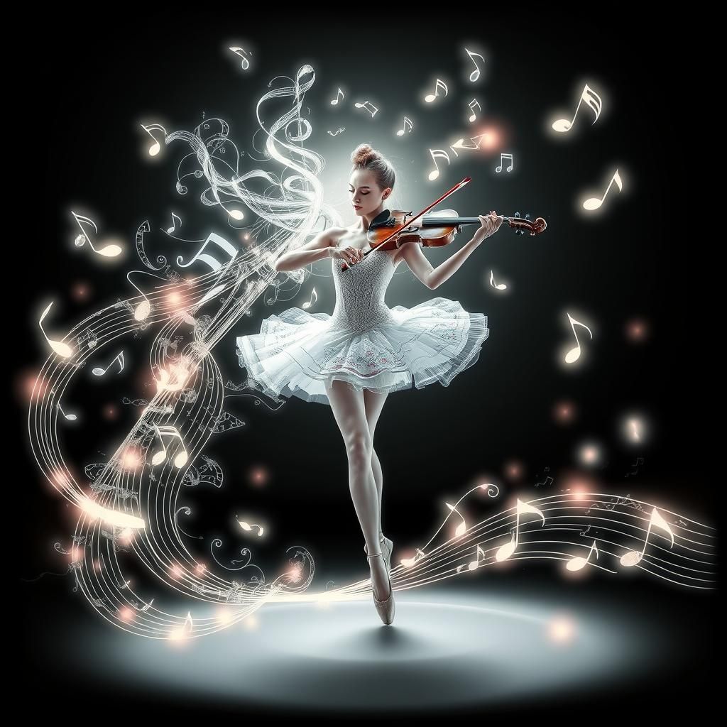 Ballerina Dancing and Playing Violin with Glowing Notes