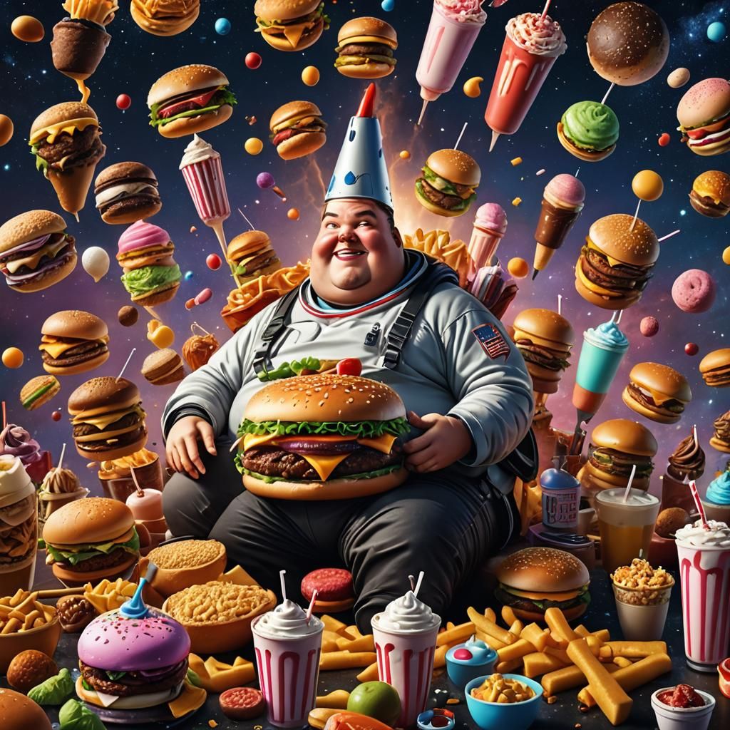 Obese Person in Space with Cheeseburgers: Matte Painting