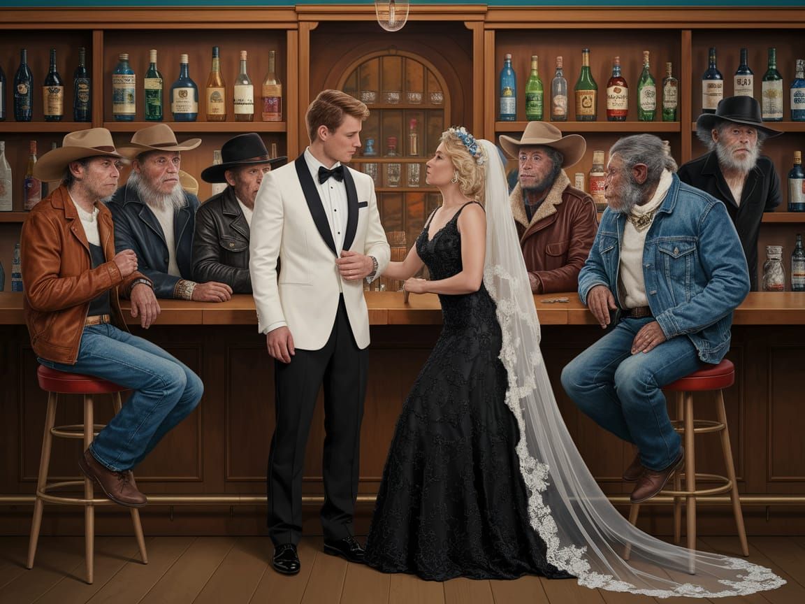 Surreal Bridegroom in a Regionalist Bar Scene with Monkeys