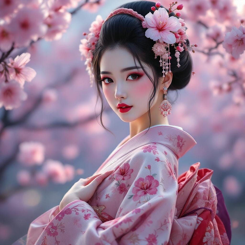 Geisha in Cherry Blossoms: Airbrush Style Portrait