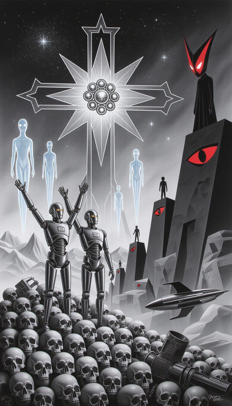 Surreal Charcoal Drawing of Futuristic Robots and Cosmic Bei...