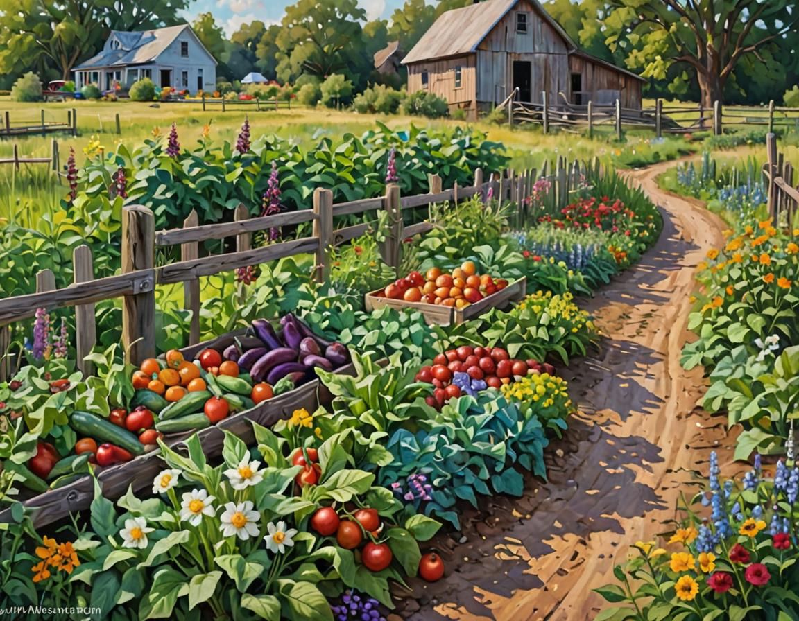 Homestead Garden: Vibrant Oil Painting of Heirloom Vegetable...
