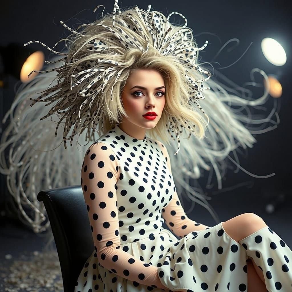 Elegant Journalist in Polka Dot Chaos: Cinematic Portrait