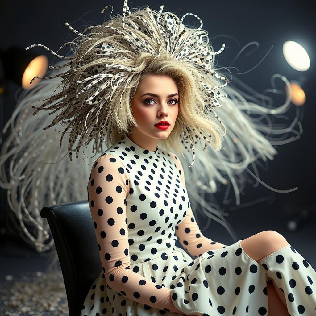 Elegant Journalist in Polka Dot Chaos: Cinematic Portrait