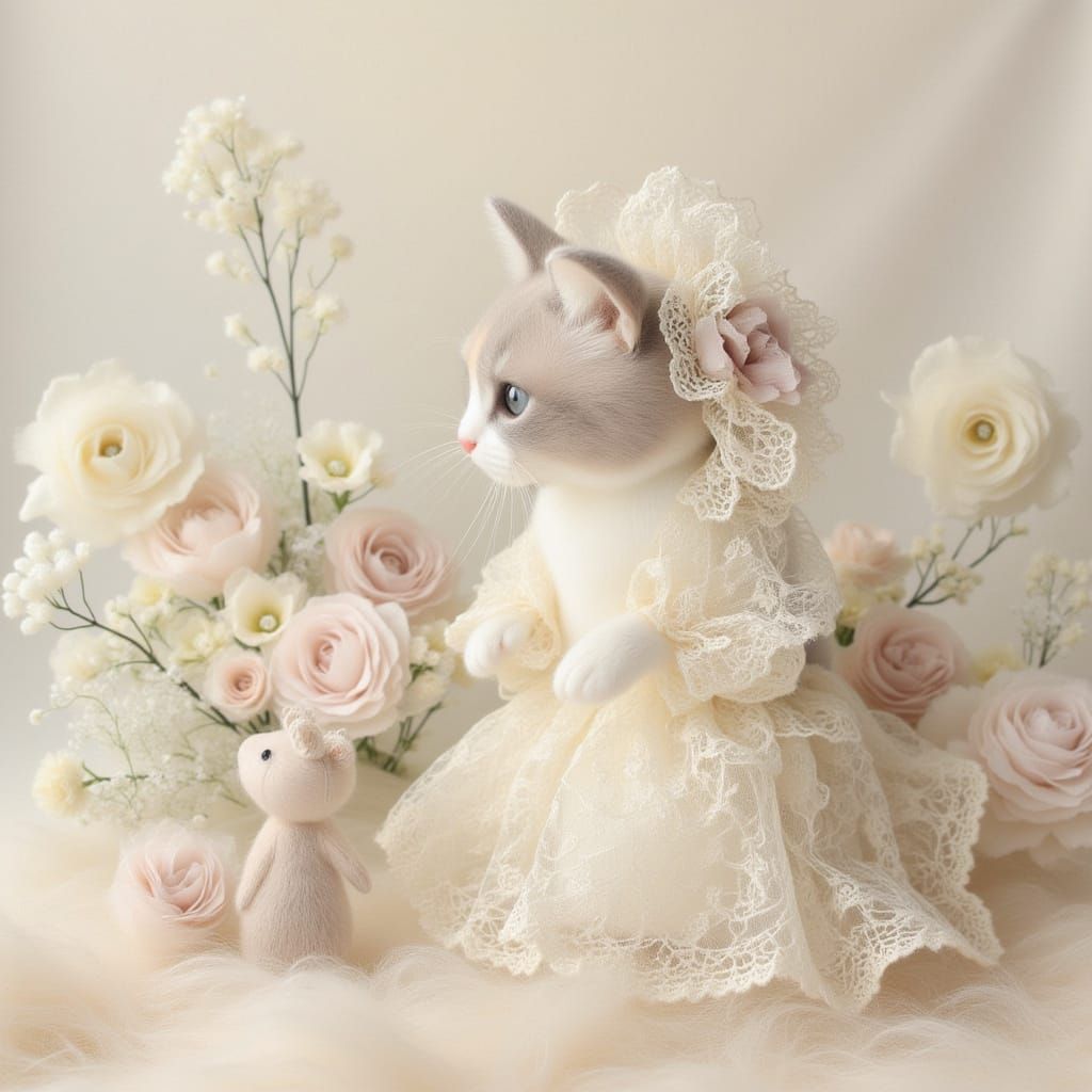Tiny Pearl Cat in Lace Attire on Velvet