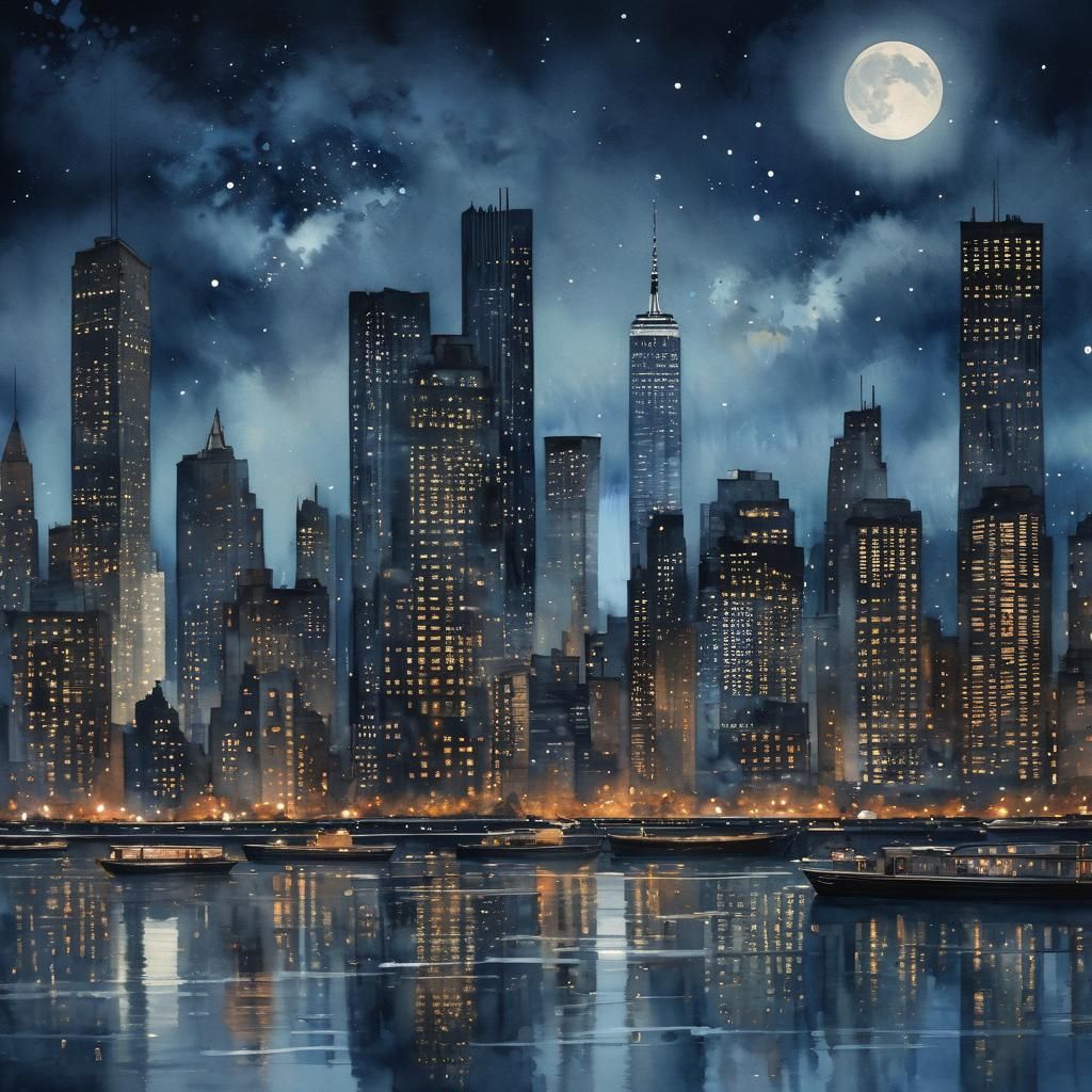 Moonlit New York Cityscape in Watercolor Style