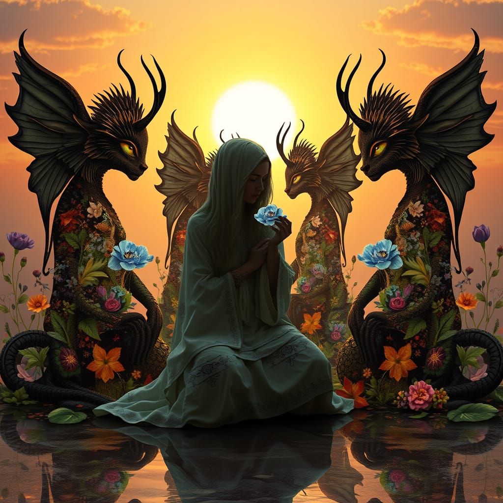 Dreamlike Collage of Mystical Creatures in Ethereal Sunset