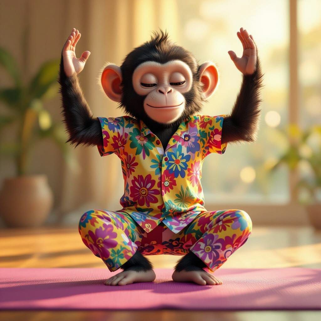 HD Photorealistic Monkey in Funky Shirt Doing Yoga