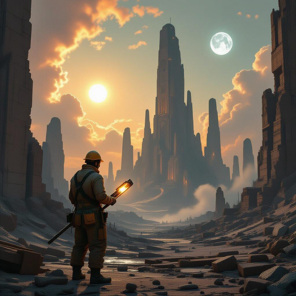 Construction Worker in Forgotten Alien City Ruins