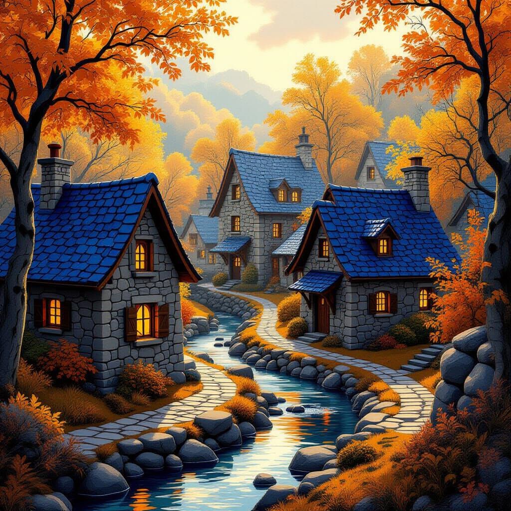 Autumn Fantasy Village with Stone Houses