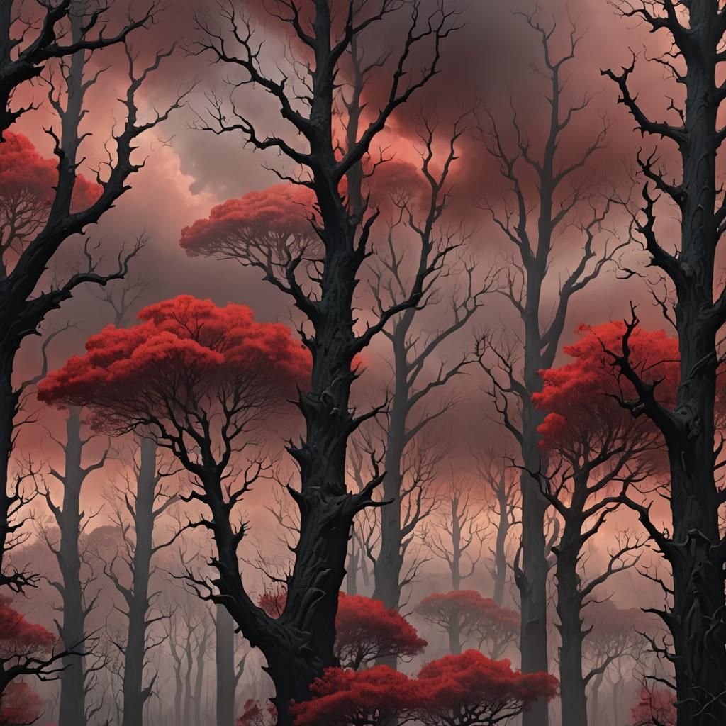 Menacing Forest with Faces in Dark Fantasy Style