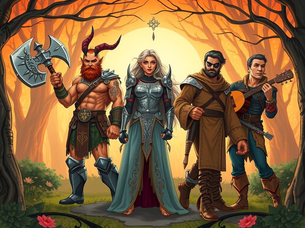 Vibrant D&D Heroes Emerge from Ancient Forest in Folk-Art St...