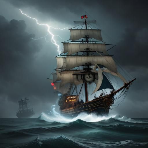 Ghost Pirate Ship in Lightning Storm: Hyperrealistic Art