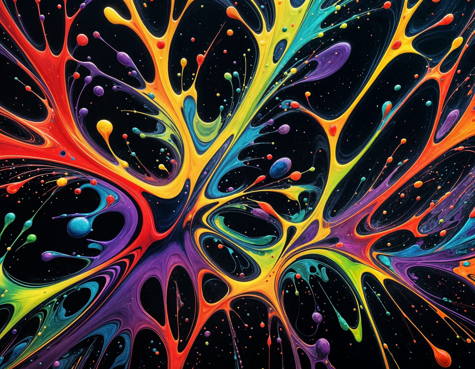 Abstract Expressionism: Iridescent Ink Splatters on Black