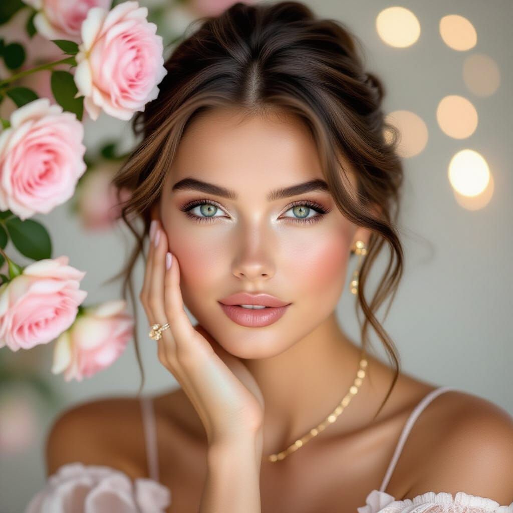 A serene portrait of a young woman adorned with pink roses, ...