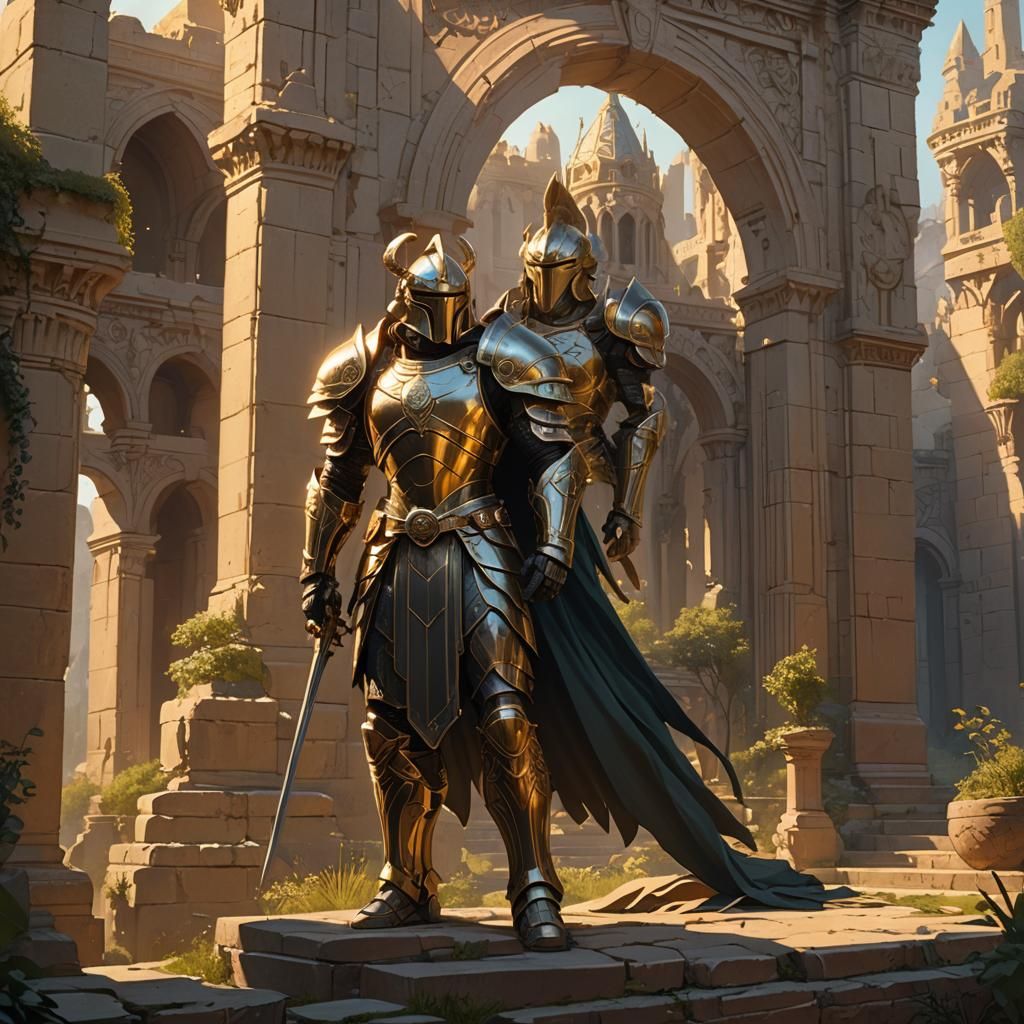 Armored Warrior in Art Nouveau Fantasy Landscape