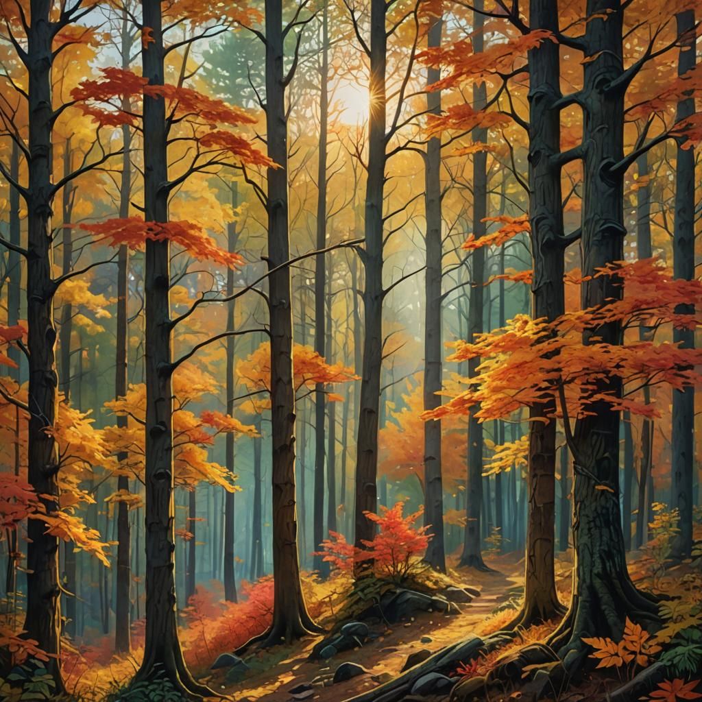 Golden Autumn Forest Sunrise in Post-Impressionistic Style