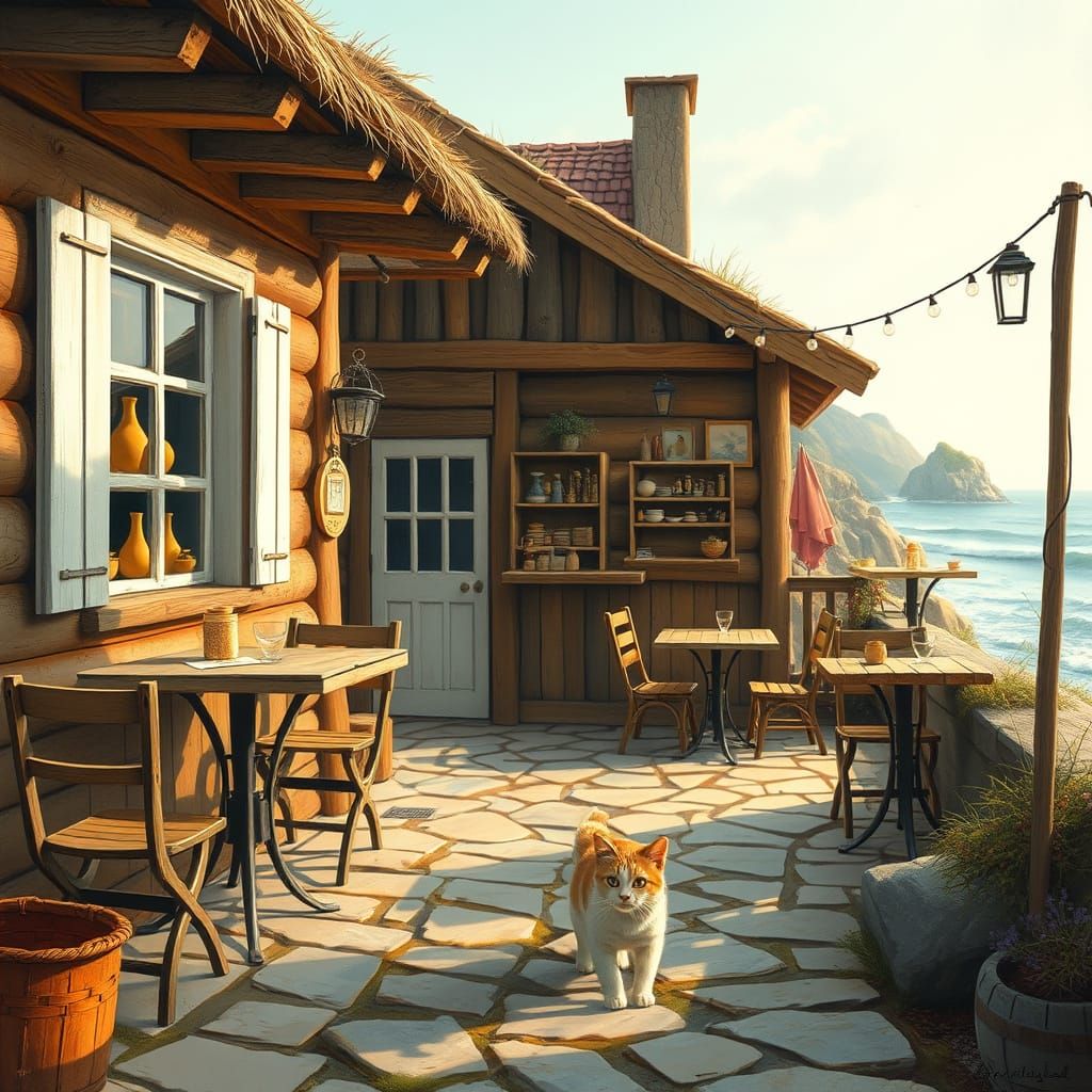 Charming Seaside Café in Autumn, in Rustic Wood Texture Styl...
