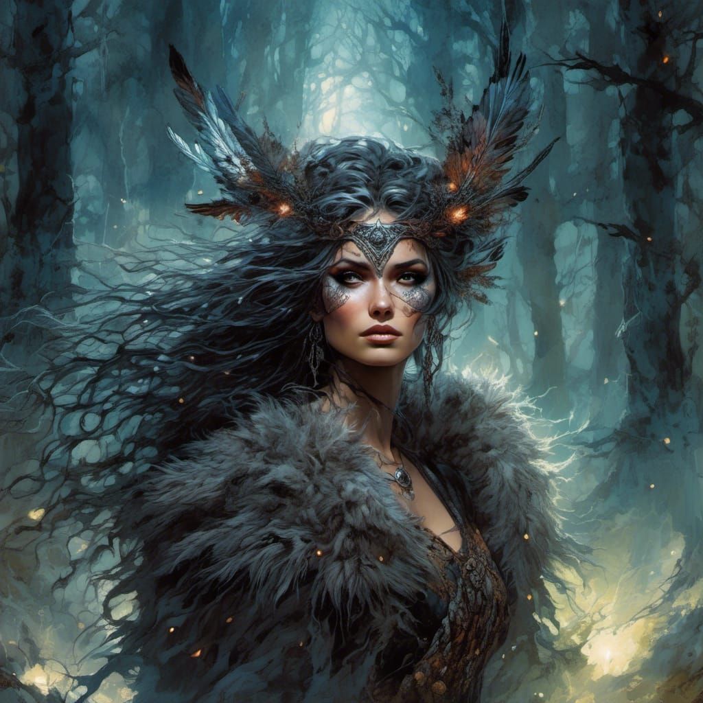 Wild Witch Commanding Wolves in Moonlit Forest