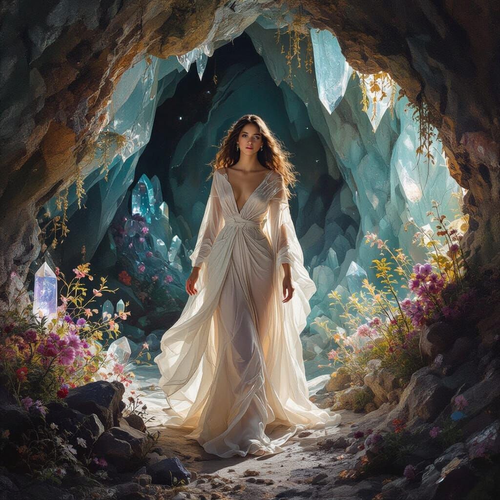 Ethereal Actress in Crystalline Cavern: Old Masters Style