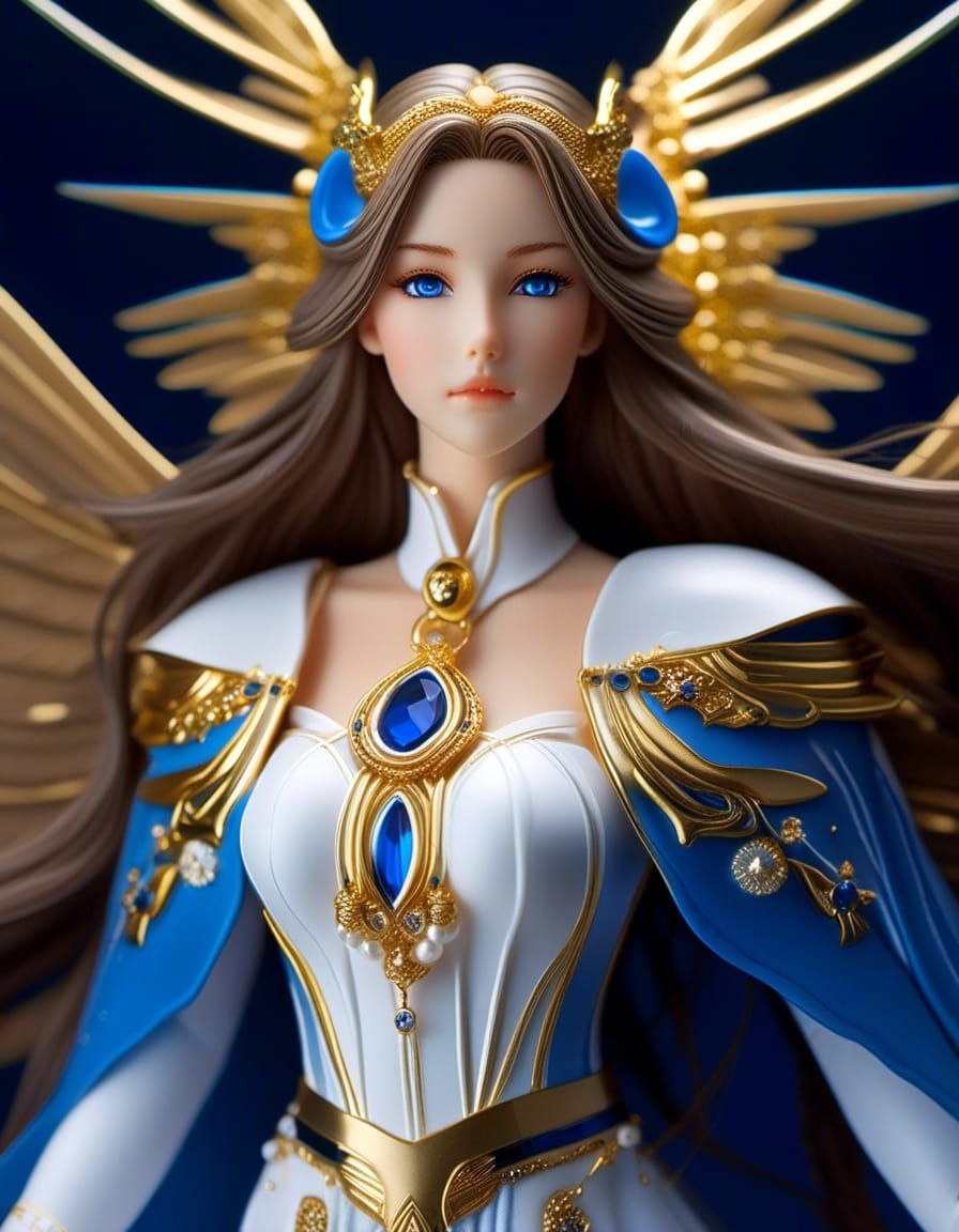 Action figure of: Hyperrealistic OH! My Goddess Belldandy, long brown hair, blue eyes, wearing blue with navy & gold acc...