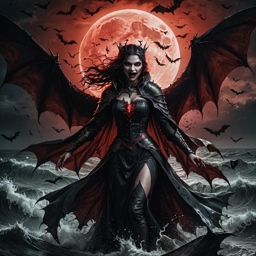 Epic Vampire Queen with Red Moon and Bats